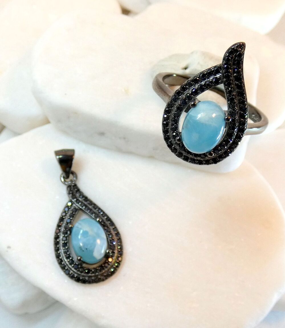 Sky Blue Larimar Marcasite Dark Sterling Pendant Ring Set  Size 7.5